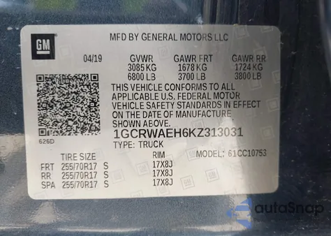 2019 Chevrolet Silverado 1500 Work Truck z USA, uszkodzony, nr VIN 1GCRWAEH6KZ313031